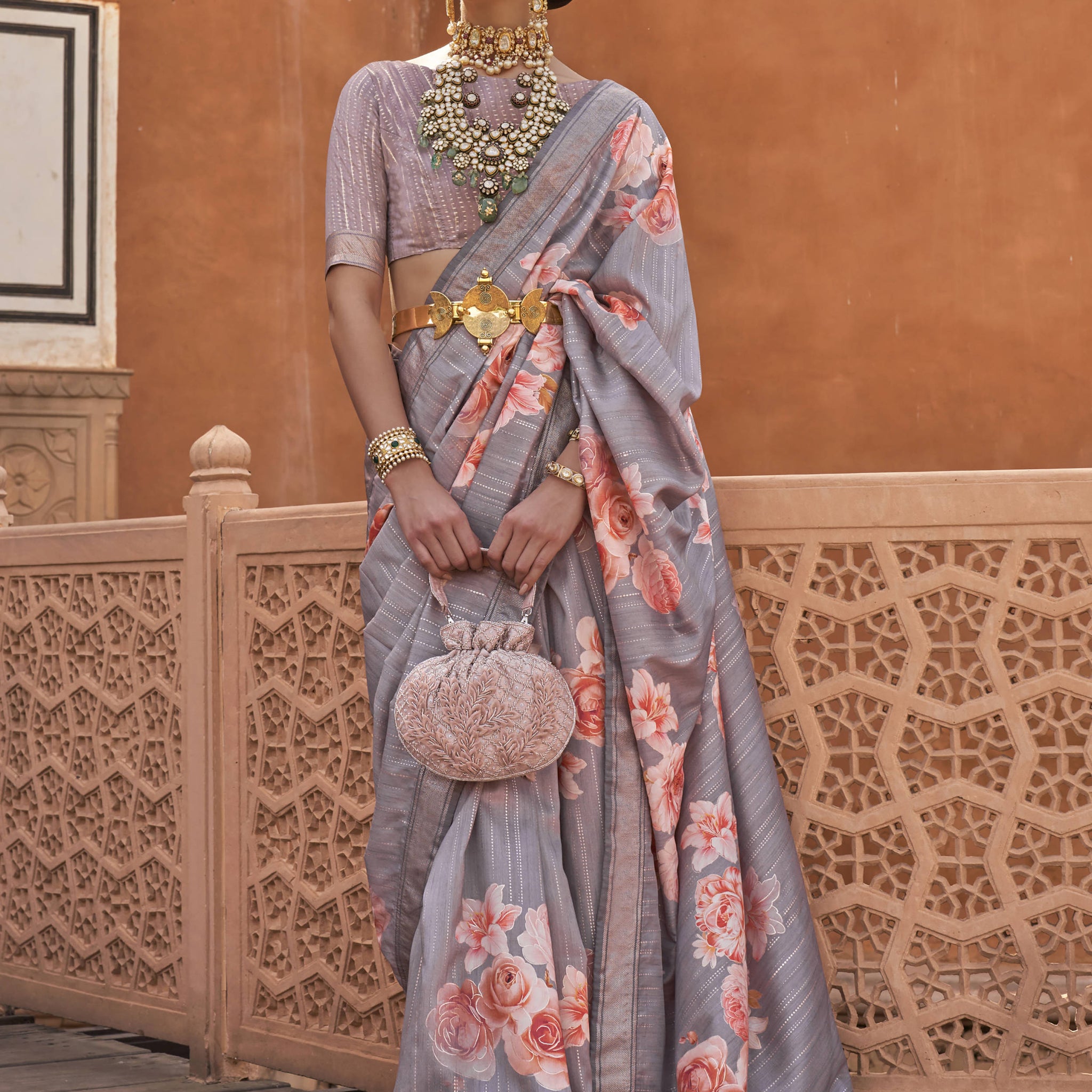 Beautiful Grey Floral Printed Silk Party Wear Saree With Blouse