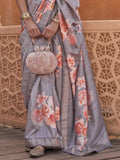 Beautiful Grey Floral Printed Silk Party Wear Saree With Blouse
