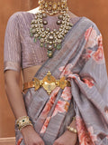 Beautiful Grey Floral Printed Silk Party Wear Saree With Blouse