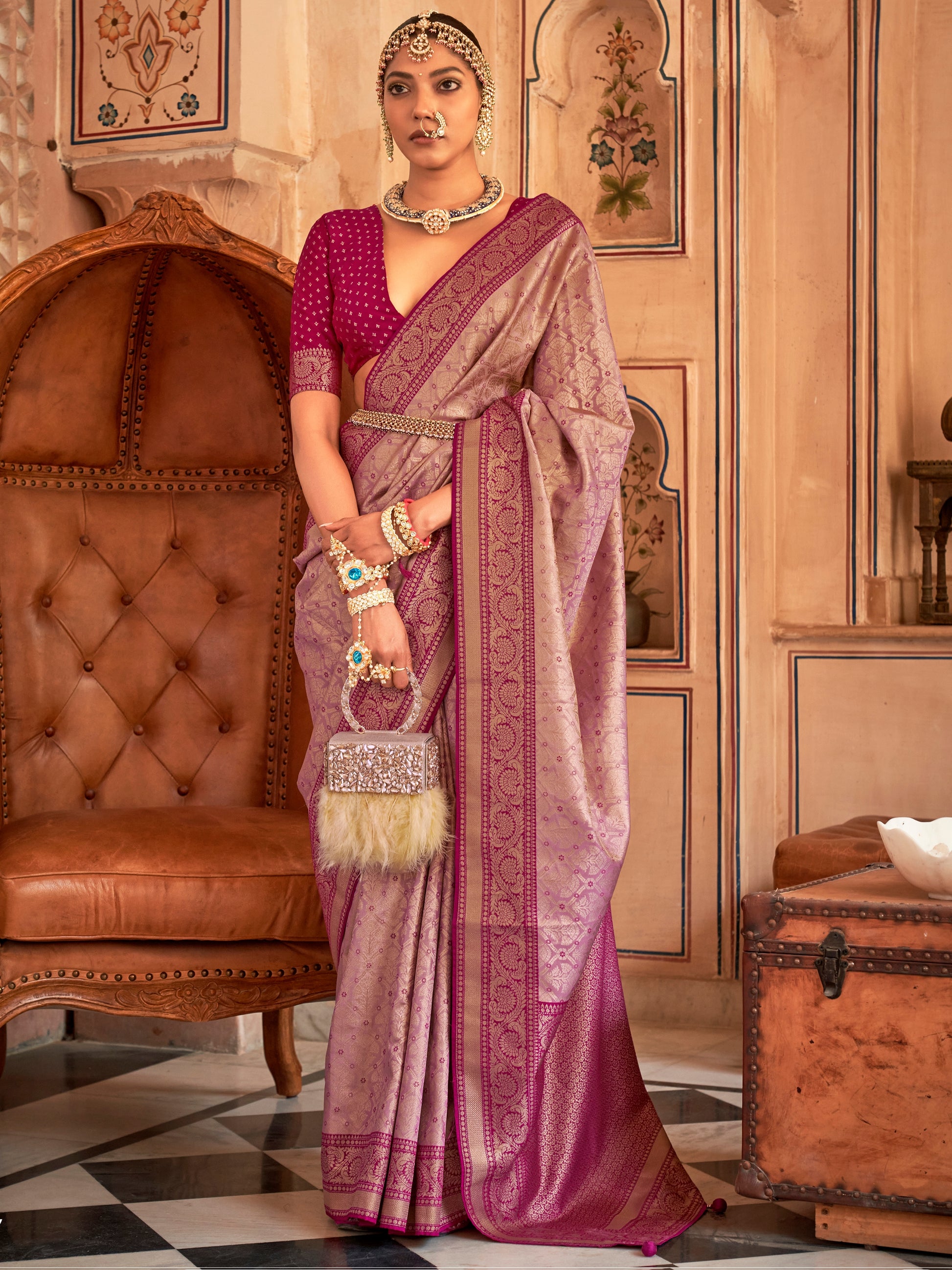 Attractive Wine Zari Weaving Silk Festive Wear Saree With Blouse