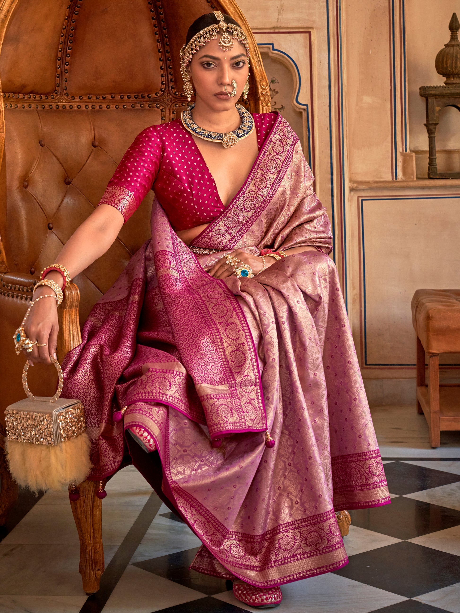 Attractive Wine Zari Weaving Silk Festive Wear Saree With Blouse