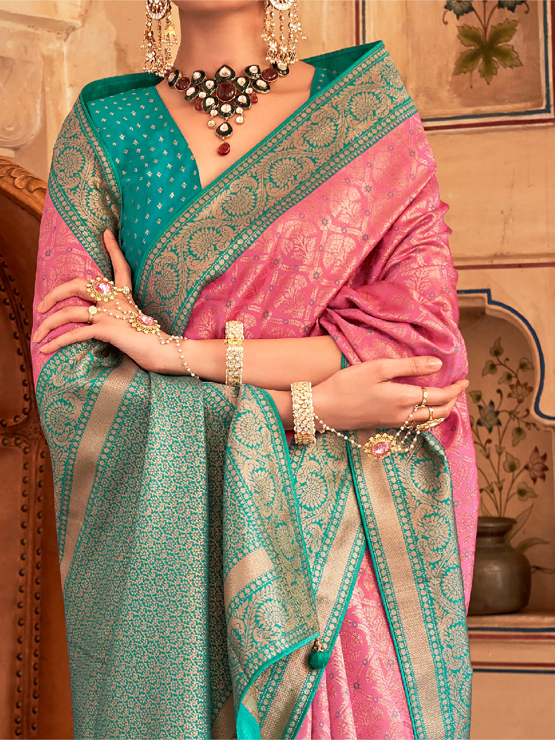 Captivating Pink Zari Weaving Silk Engagement Wear Saree