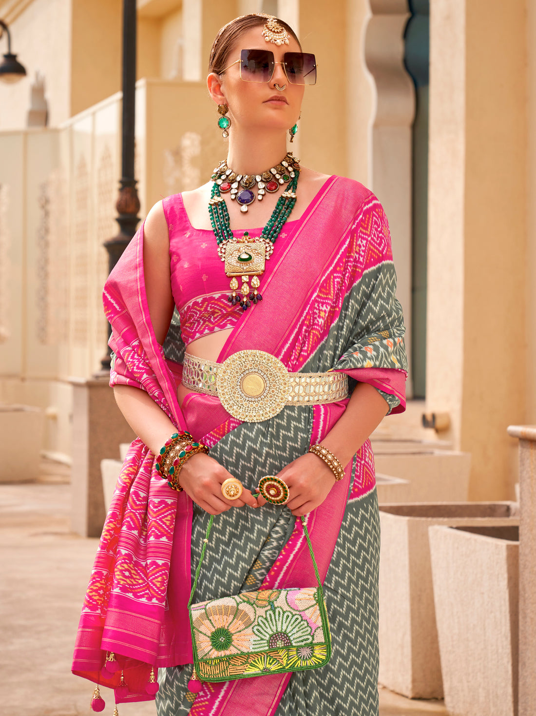 Outstanding Grey Digital Printed Silk Party Wear Saree With Blouse
