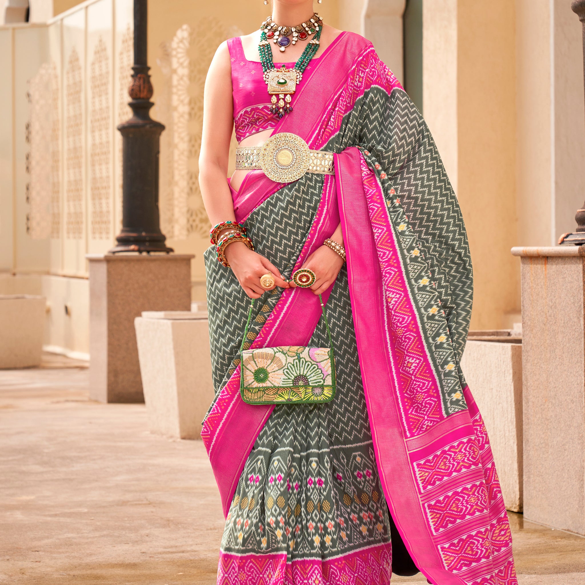 Outstanding Grey Digital Printed Silk Party Wear Saree With Blouse