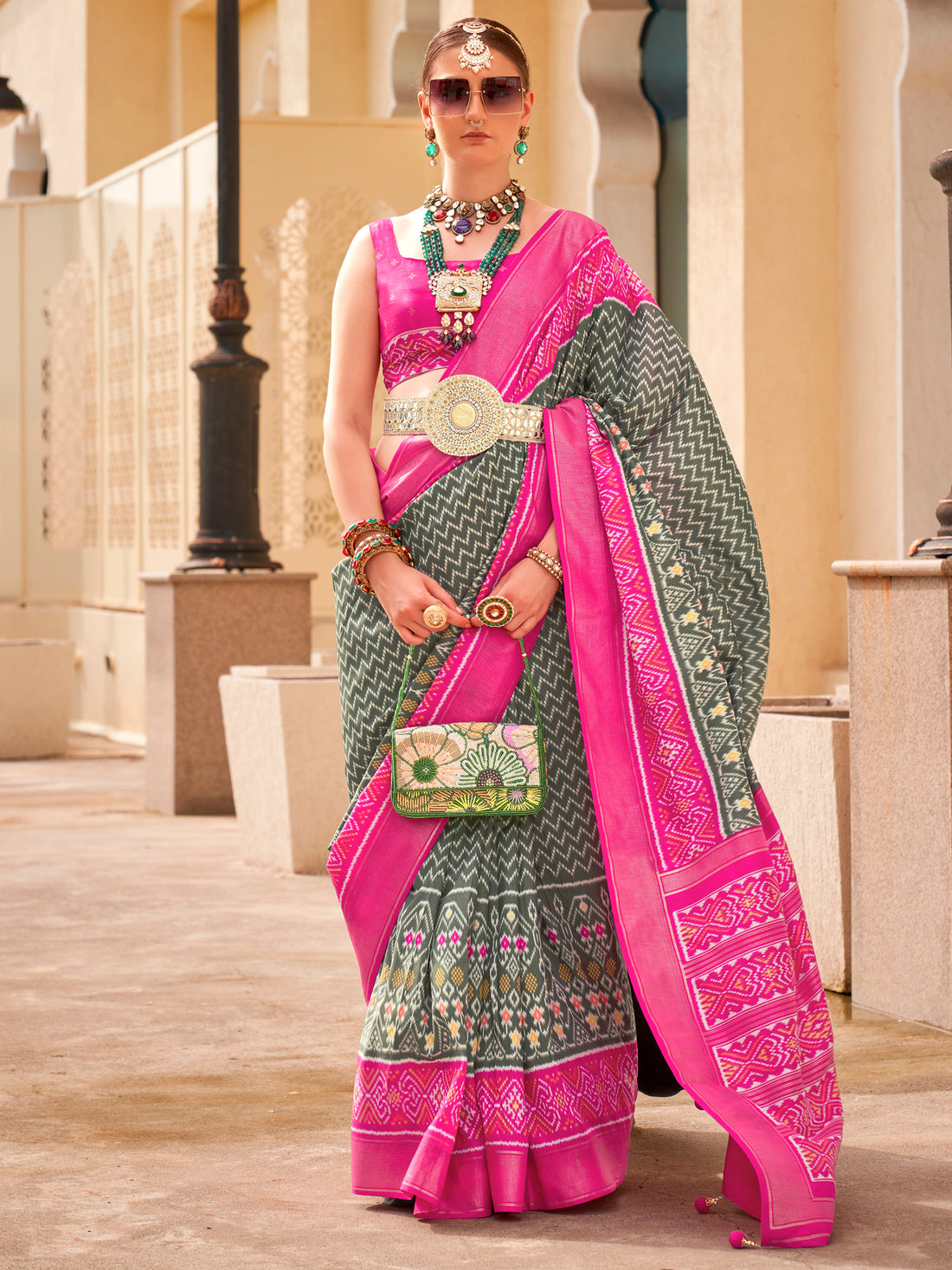 Outstanding Grey Digital Printed Silk Party Wear Saree With Blouse