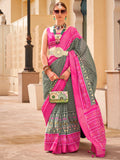 Outstanding Grey Digital Printed Silk Party Wear Saree With Blouse