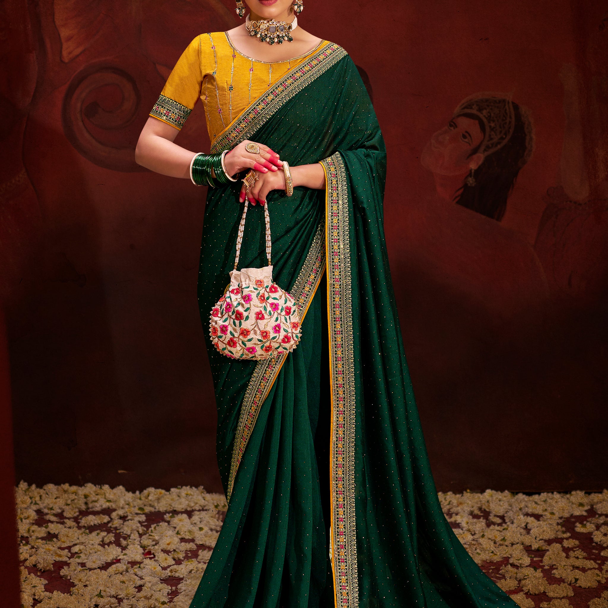 Outstanding Green Heavy Lace Work Silk Mehendi Wear Saree