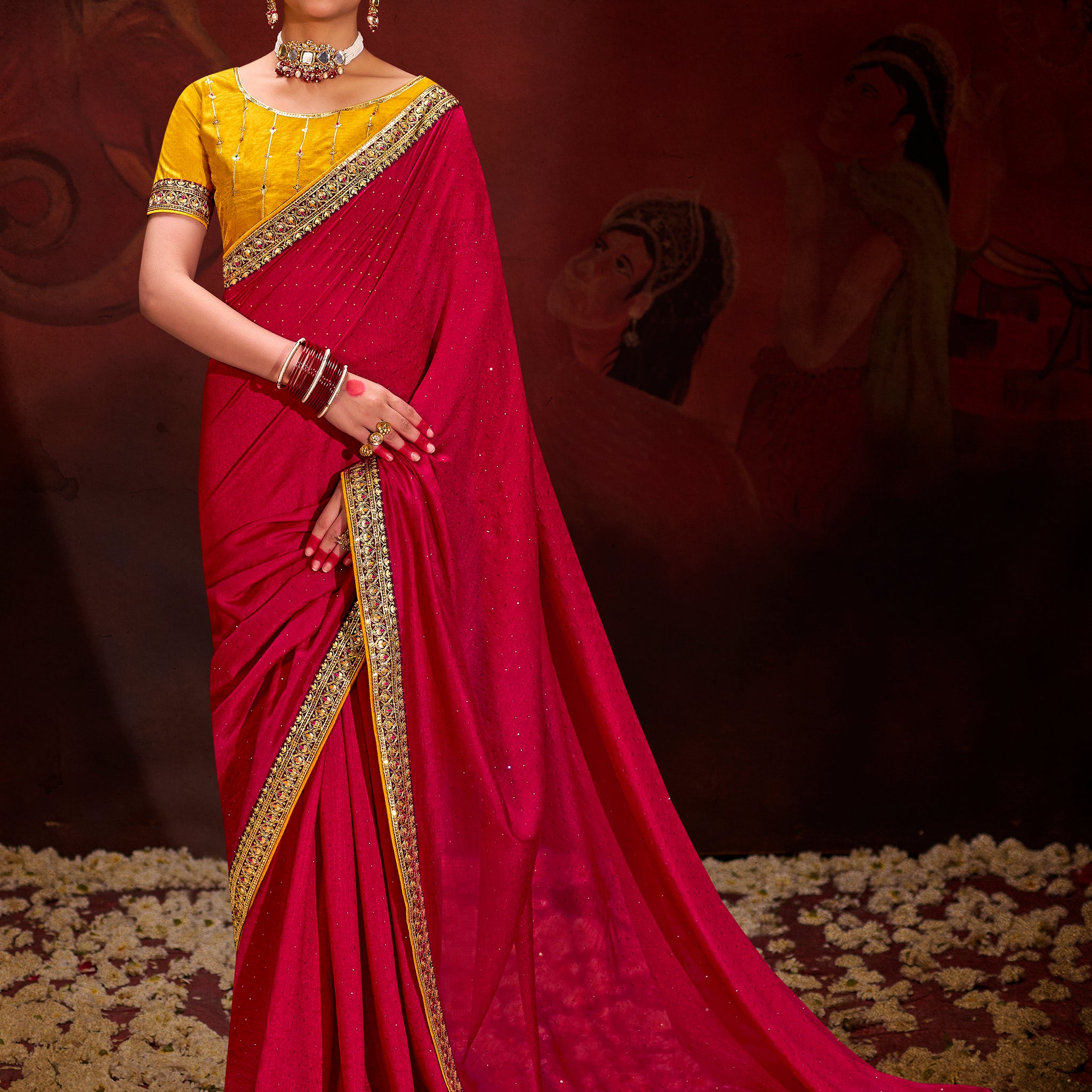 Wonderful Magenta Heavy Lace Work Silk Wedding Saree With Blouse