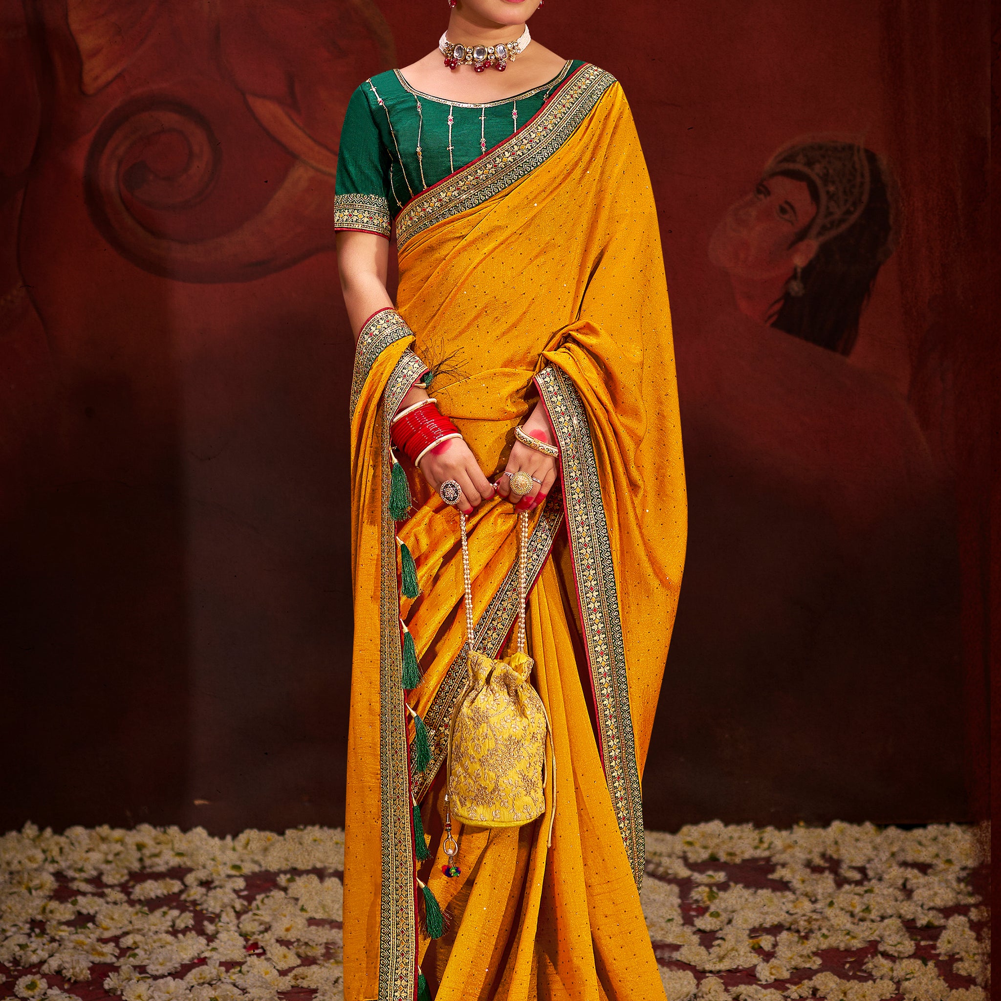 Awesome Yellow Heavy Lace Work Silk Haldi Wear Saree With Blouse