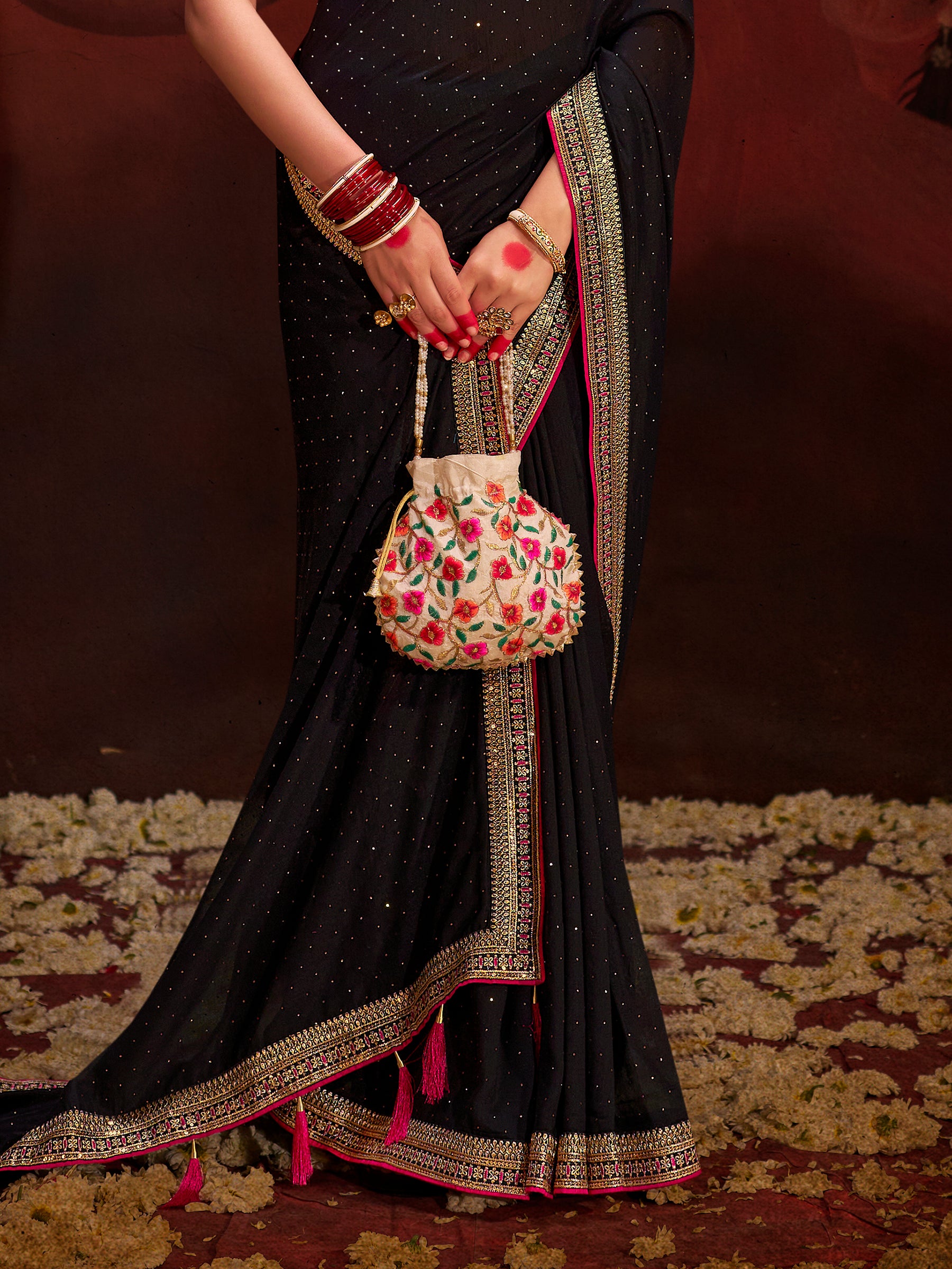 Marvelous Black Heavy Lace Work Silk Reception Wear Saree With Blouse