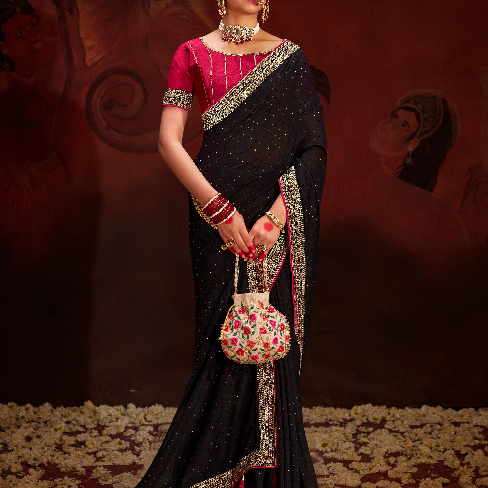 Marvelous Black Heavy Lace Work Silk Reception Wear Saree With Blouse