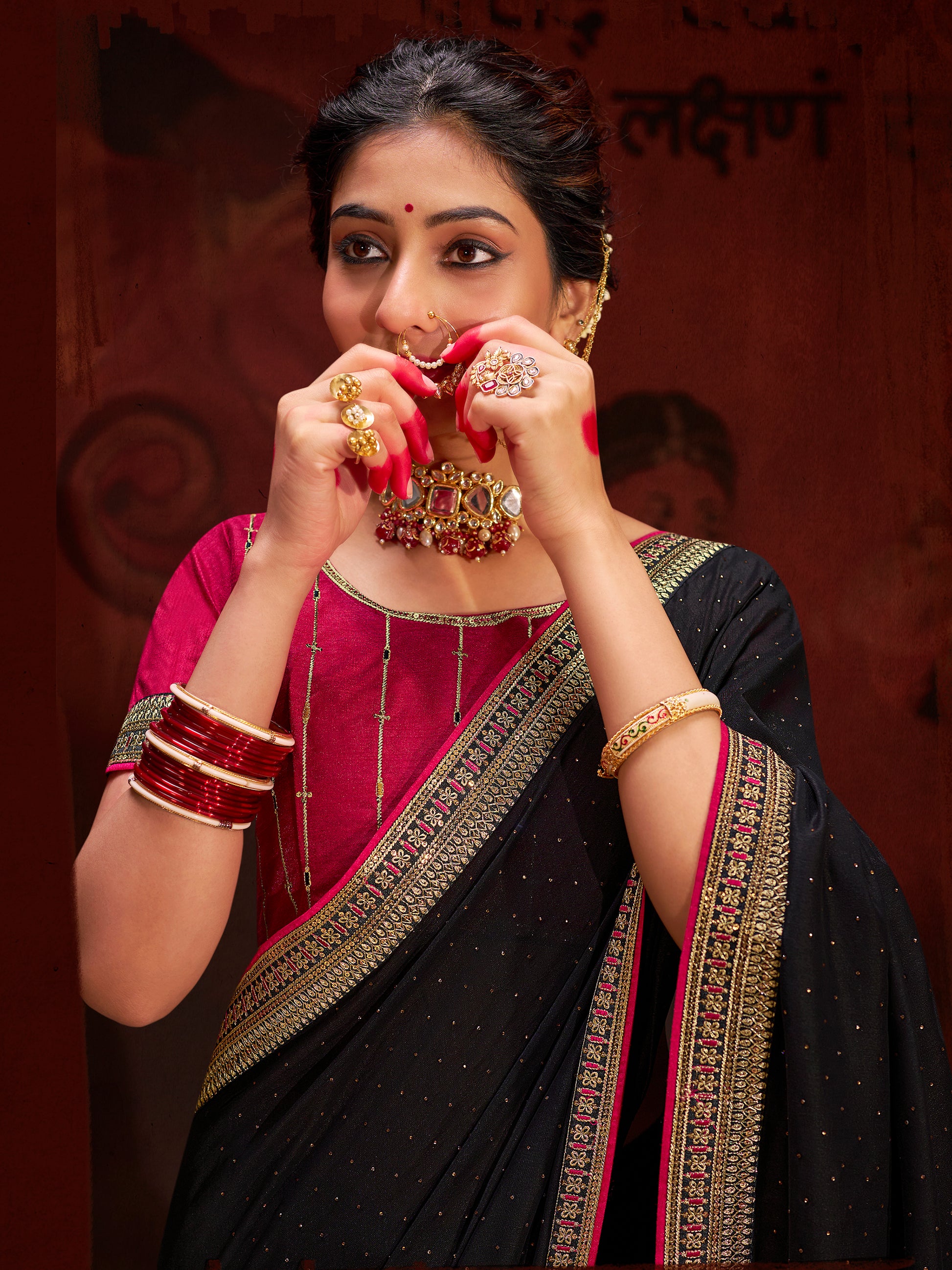 Marvelous Black Heavy Lace Work Silk Reception Wear Saree With Blouse