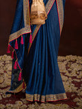 Beautiful Navy Blue Lace Work Silk Engagement Wear Saree With Blouse