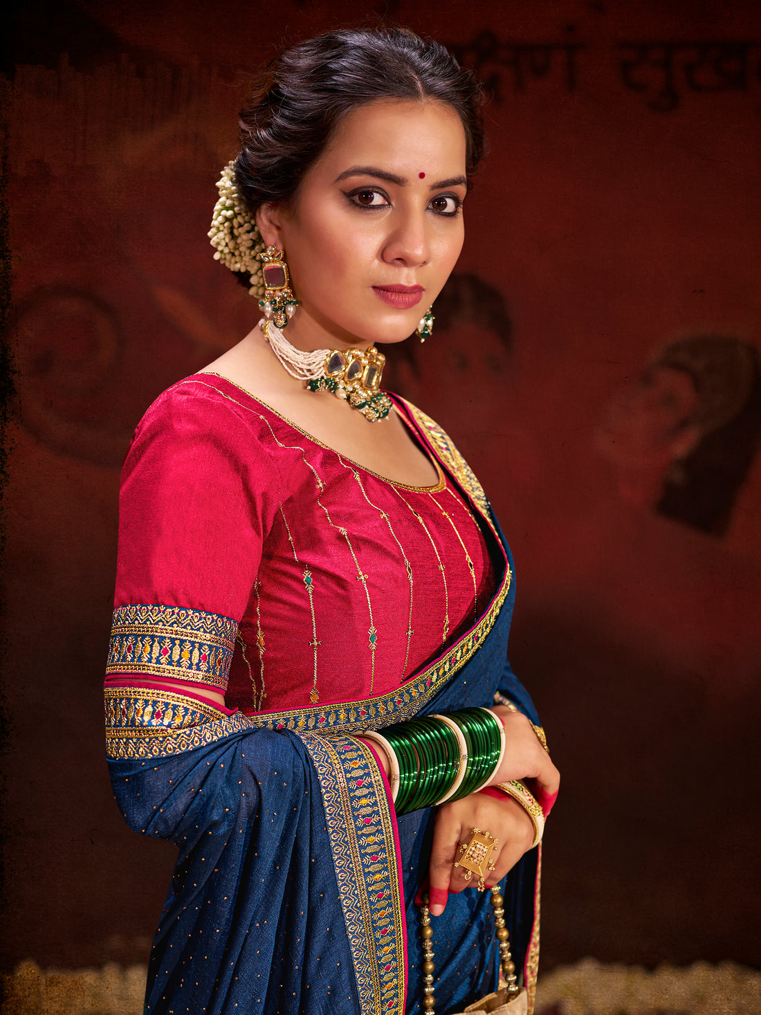 Beautiful Navy Blue Lace Work Silk Engagement Wear Saree With Blouse