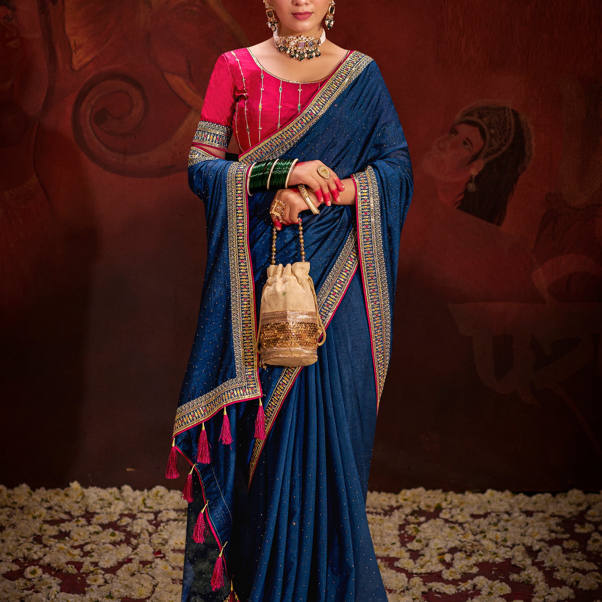 Beautiful Navy Blue Lace Work Silk Engagement Wear Saree With Blouse