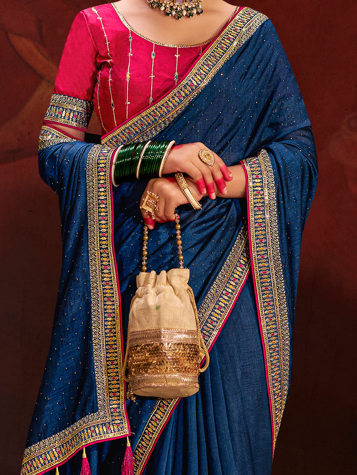 Beautiful Navy Blue Lace Work Silk Engagement Wear Saree With Blouse