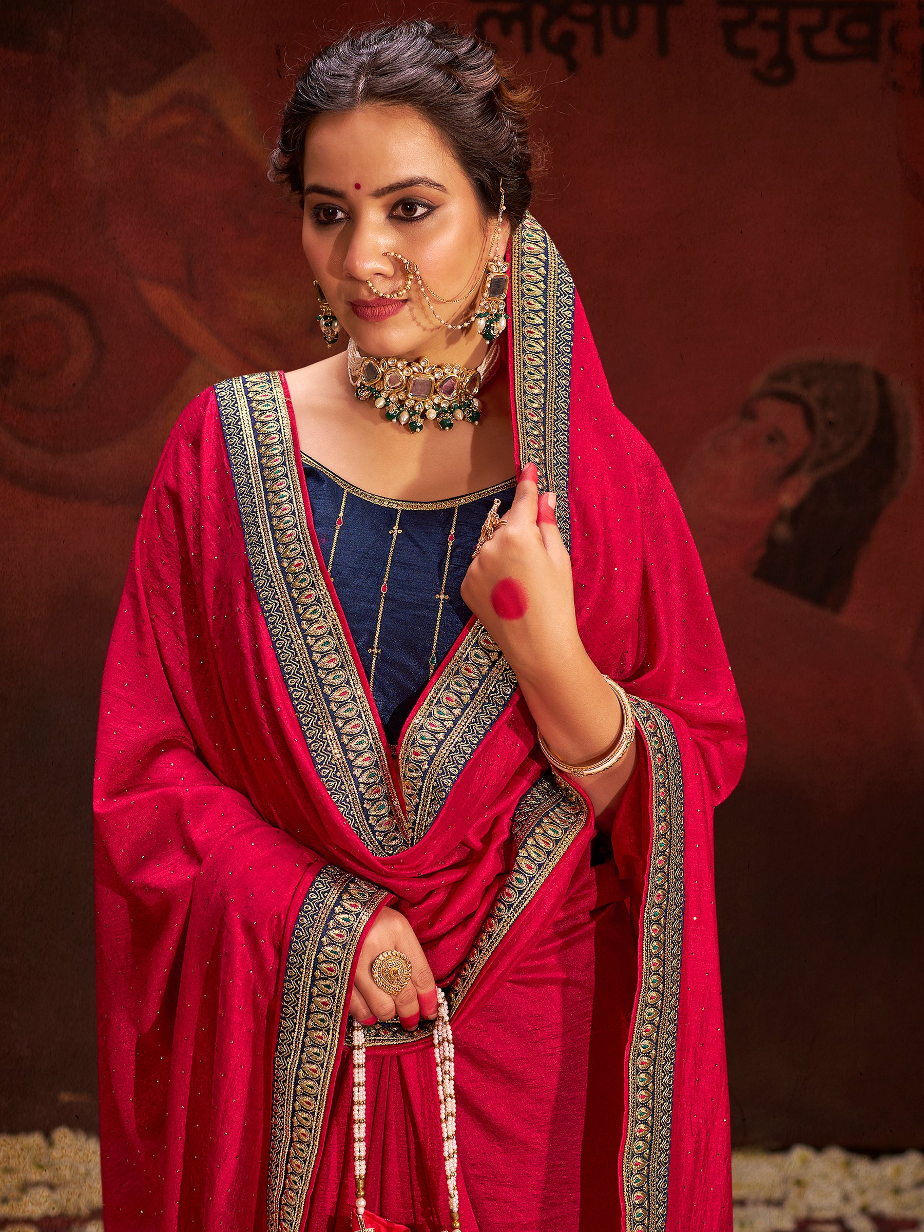 Stunning Pink Heavy Lace Work Silk Wedding Saree With Blouse