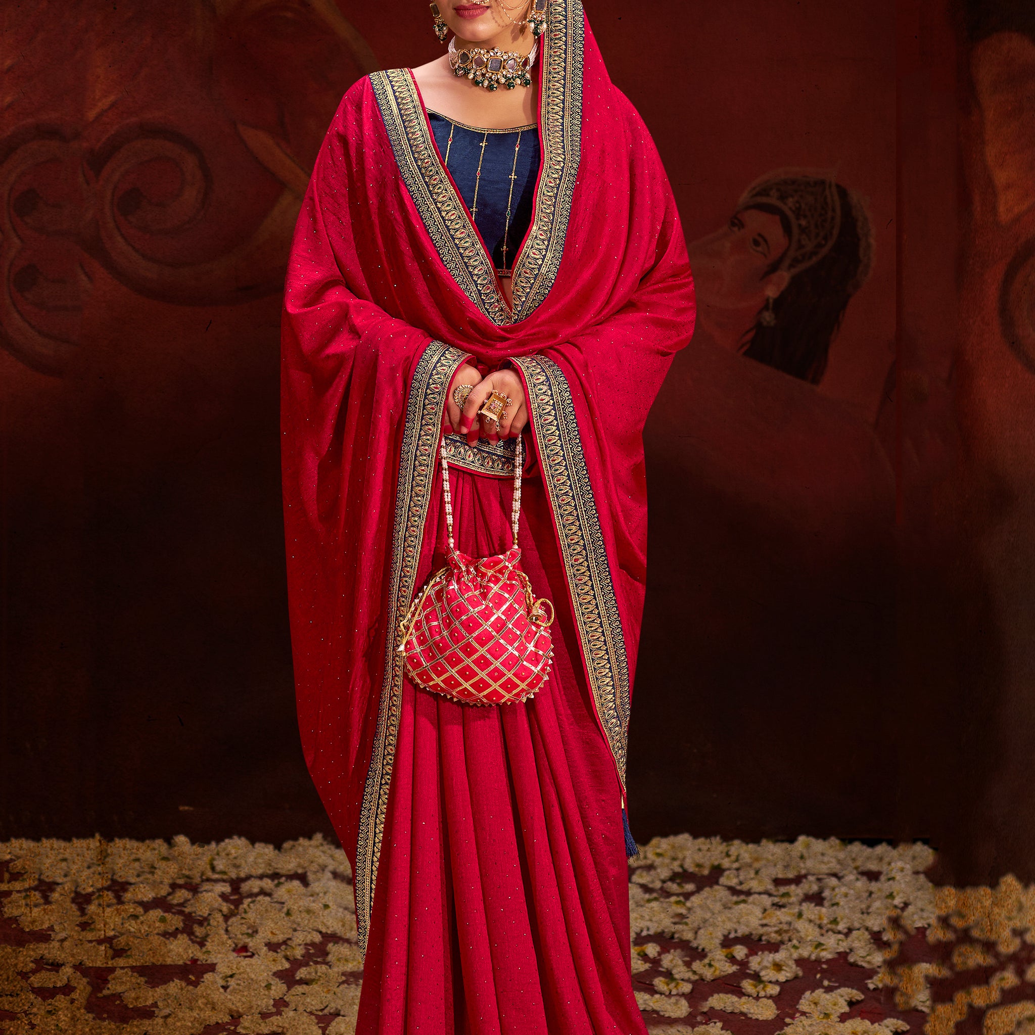 Stunning Pink Heavy Lace Work Silk Wedding Saree With Blouse
