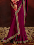 Astonishing Wine Heavy Lace Work Silk Festival Wear Saree With Blouse