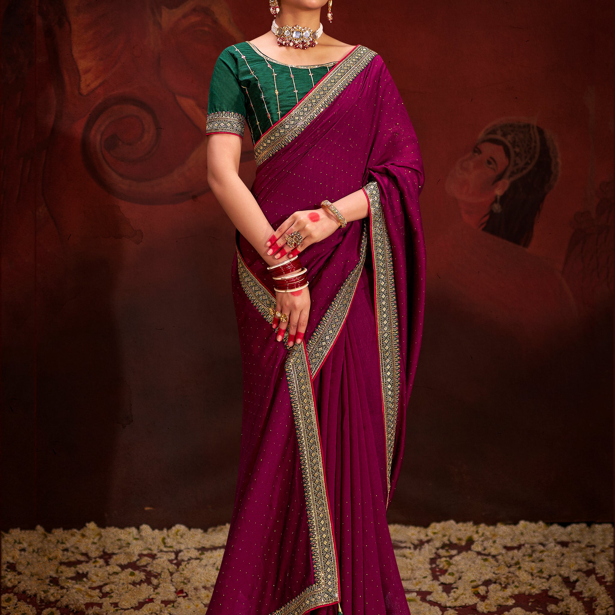 Astonishing Wine Heavy Lace Work Silk Festival Wear Saree With Blouse