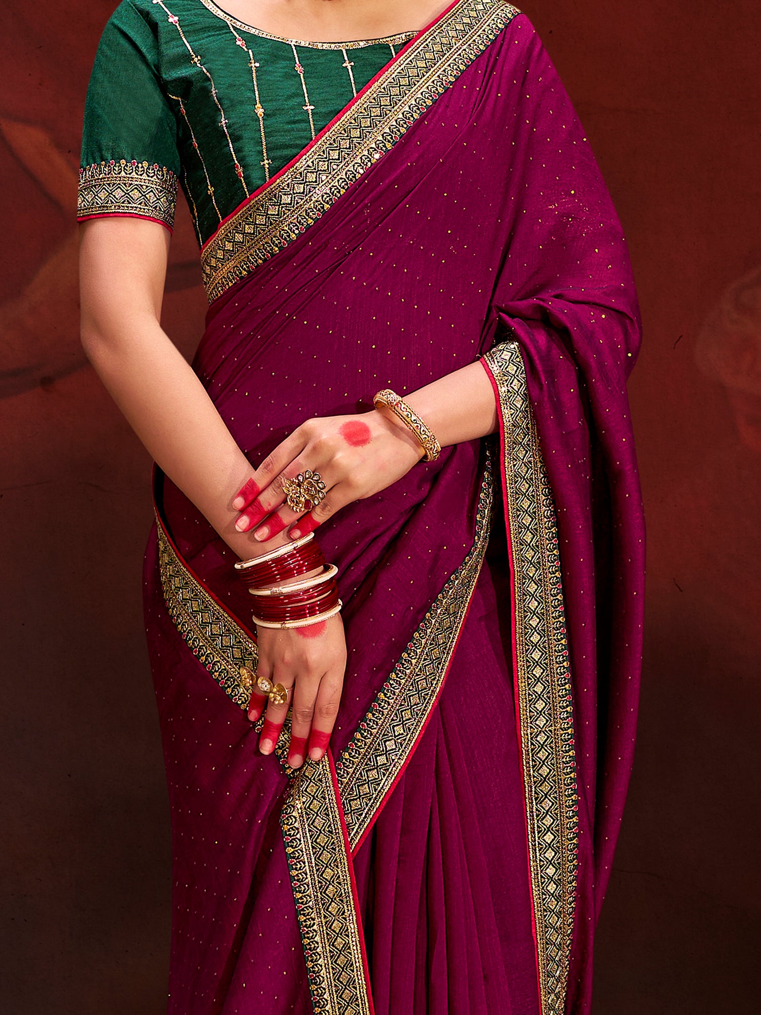 Astonishing Wine Heavy Lace Work Silk Festival Wear Saree With Blouse