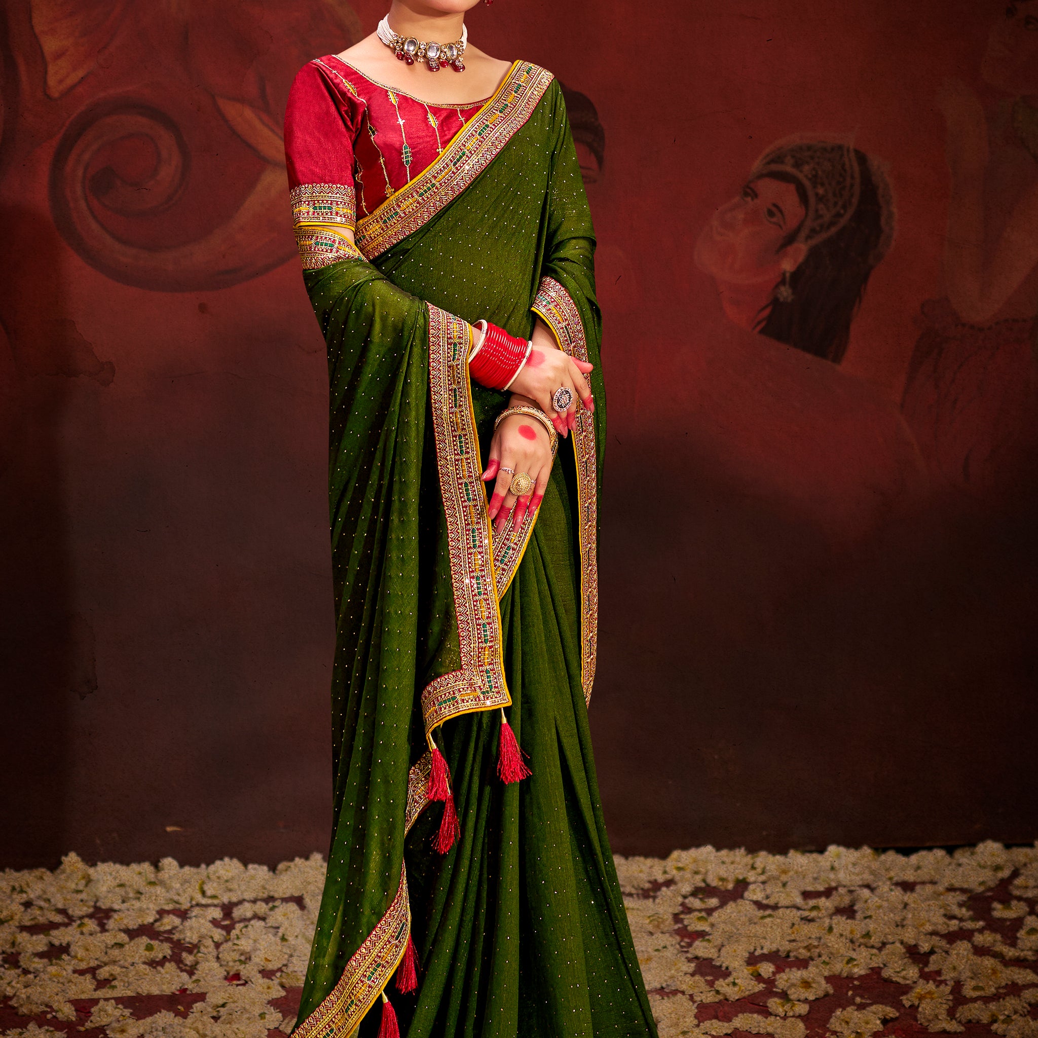 Incredible Green Heavy Lace Work Silk Event Wear Saree With Blouse