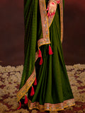 Incredible Green Heavy Lace Work Silk Event Wear Saree With Blouse
