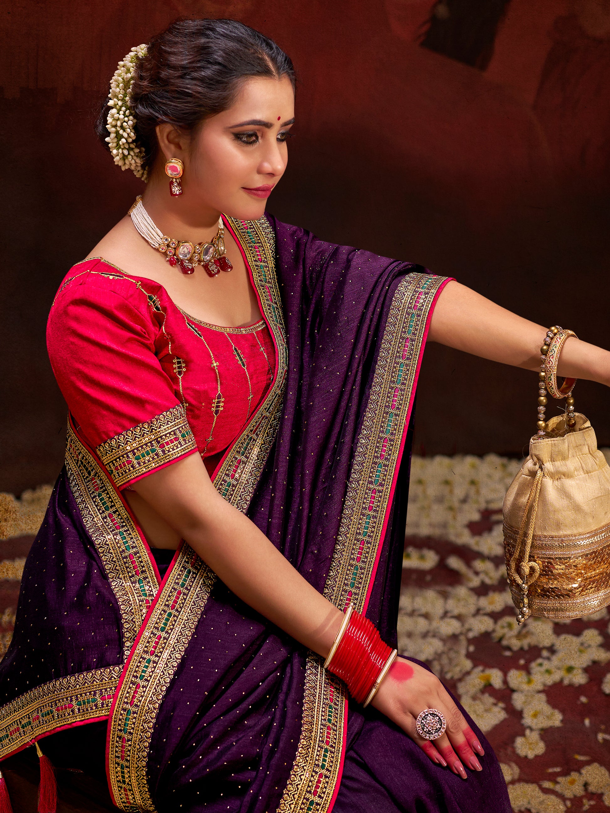 Fantastic Purple Heavy Lace Work Silk Wedding Saree With Blouse