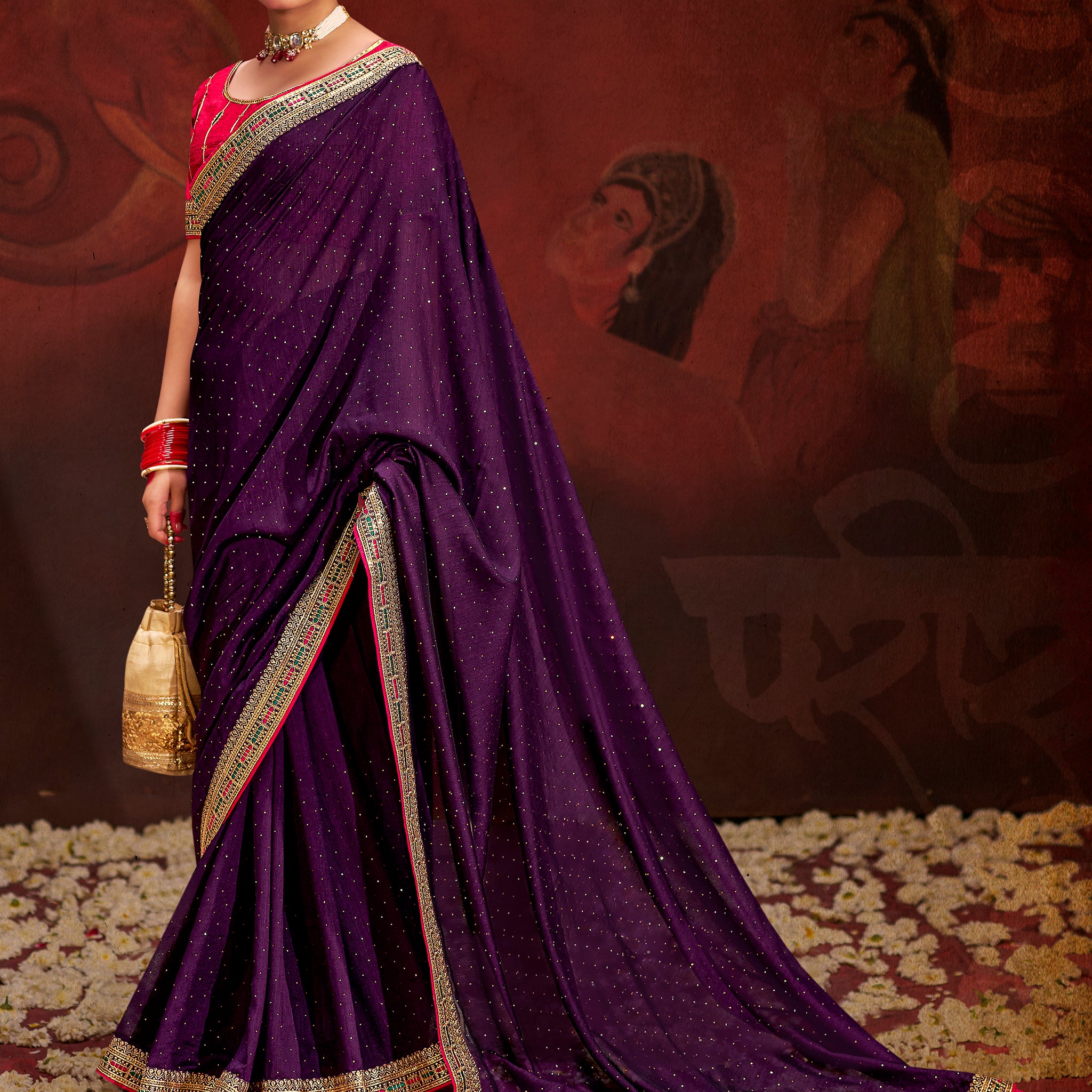 Fantastic Purple Heavy Lace Work Silk Wedding Saree With Blouse
