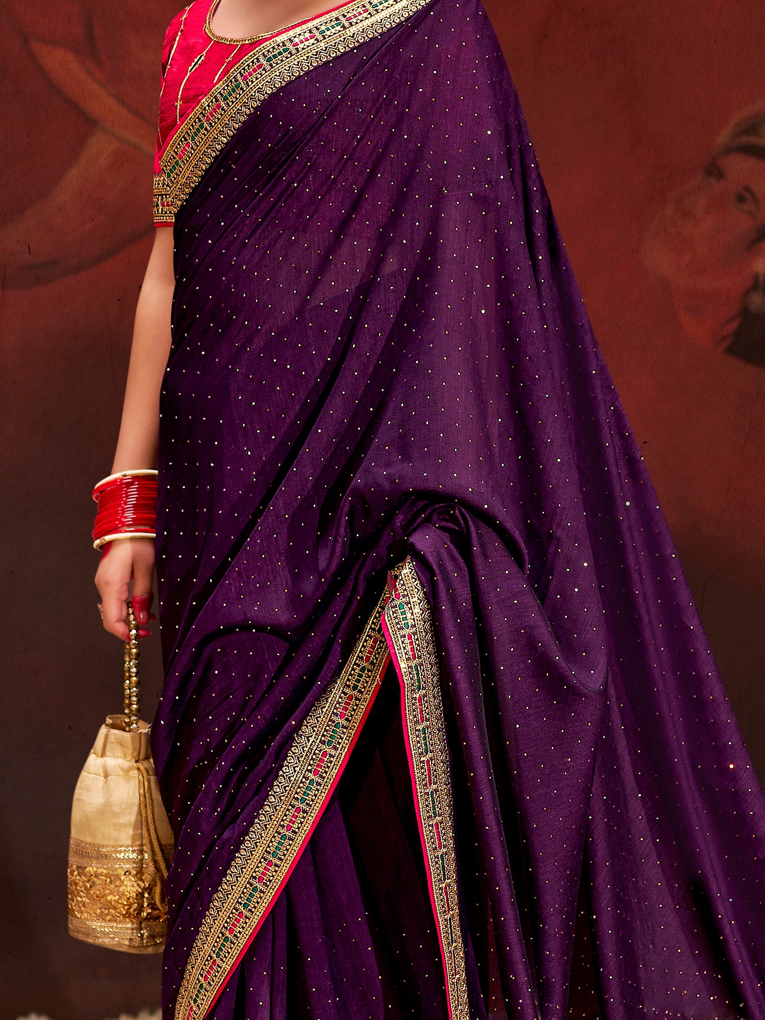Fantastic Purple Heavy Lace Work Silk Wedding Saree With Blouse