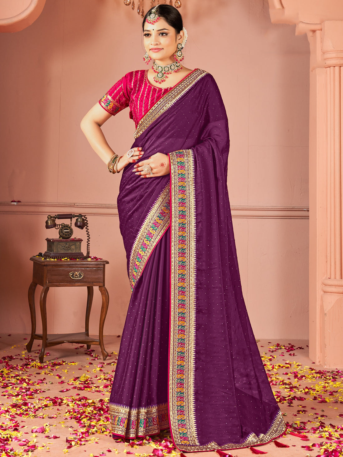 Stunning Wine Swarovski Work Silk Festive Wear Saree