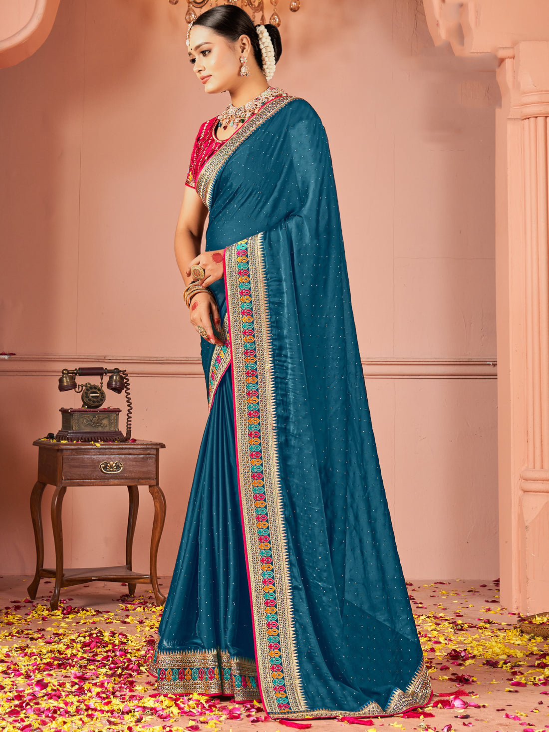 Gorgeous Teal Blue Swarovski Work Silk Party Wear Saree