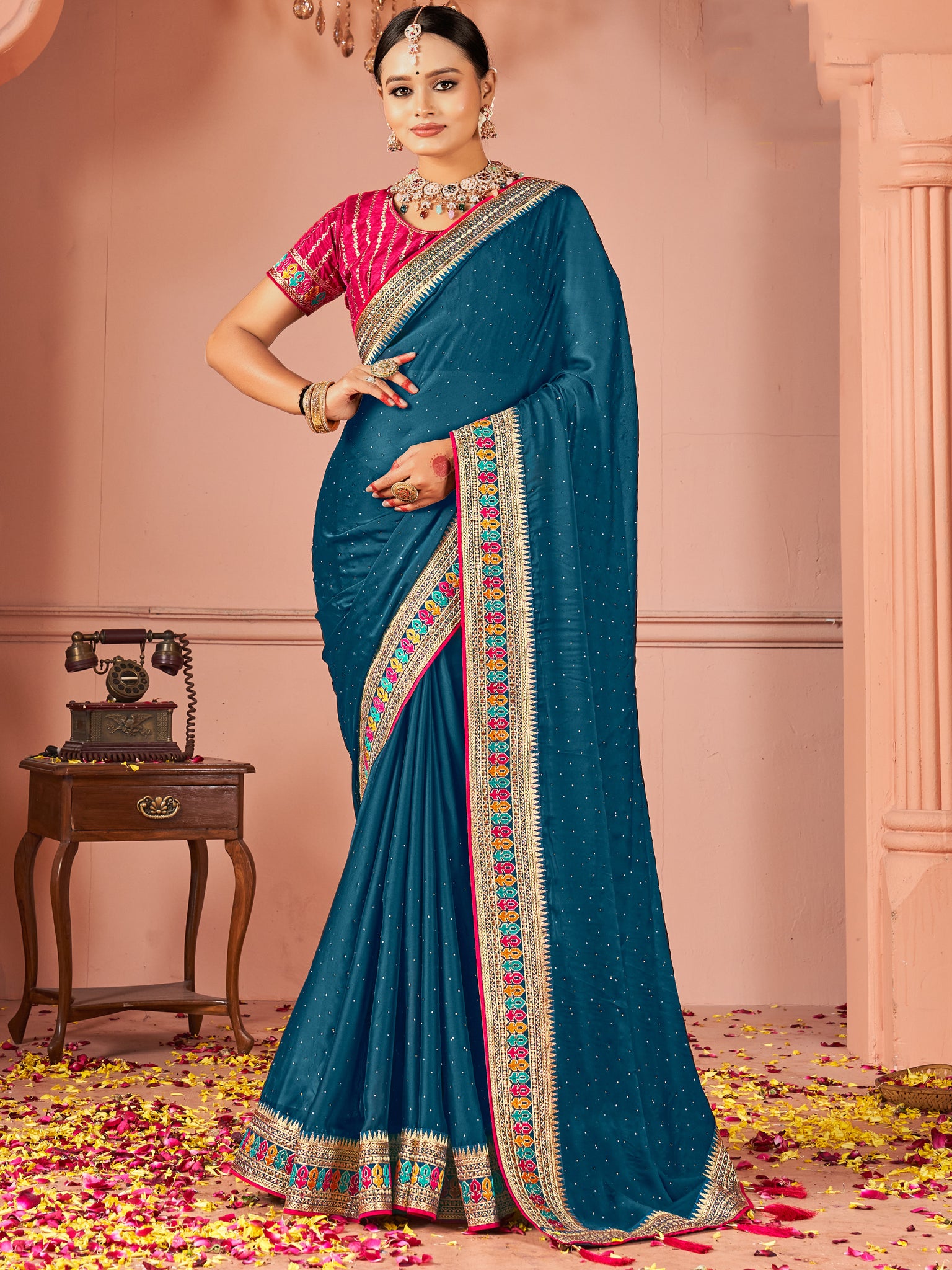 Gorgeous Teal Blue Swarovski Work Silk Party Wear Saree