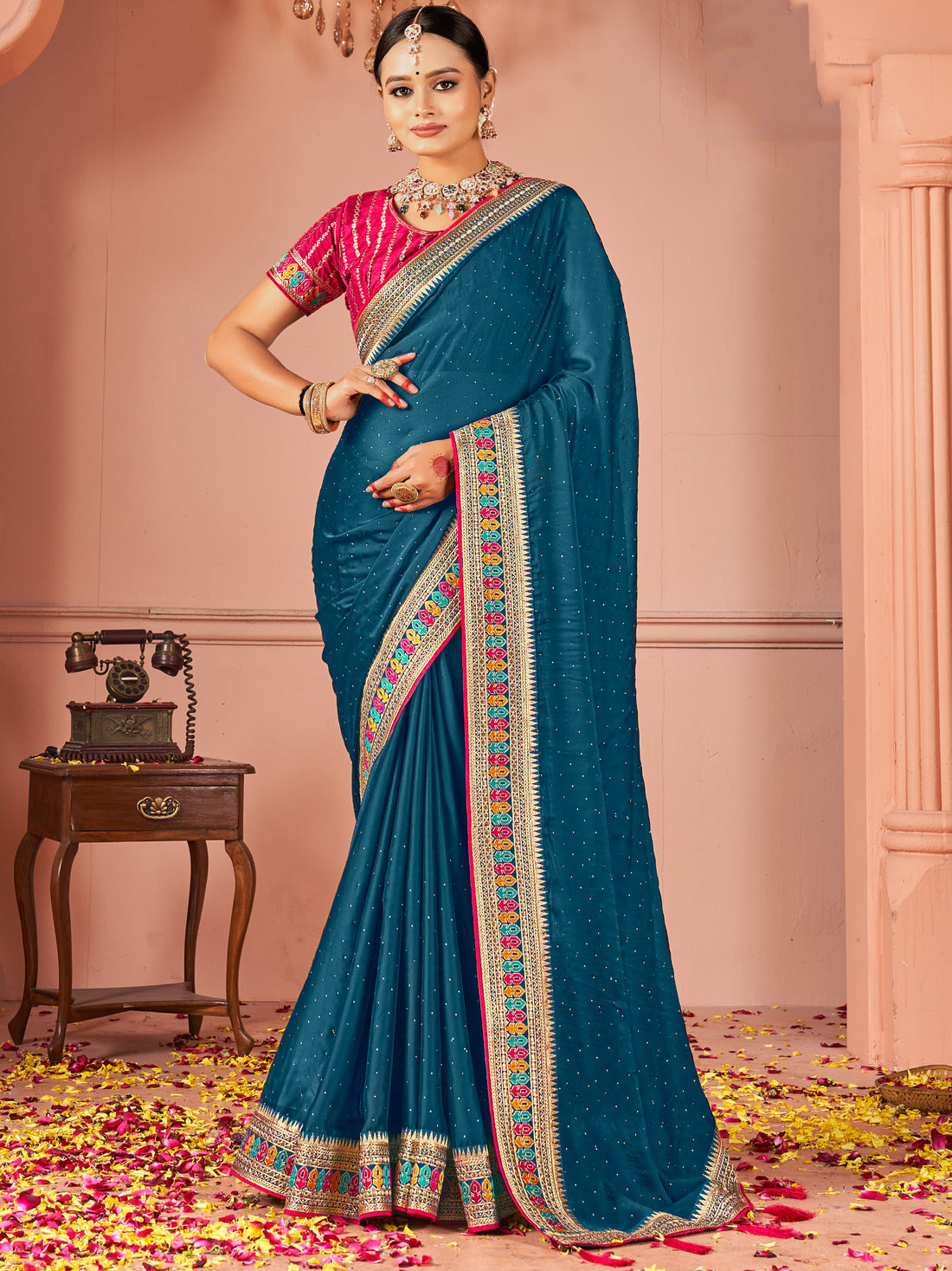 Gorgeous Teal Blue Swarovski Work Silk Party Wear Saree