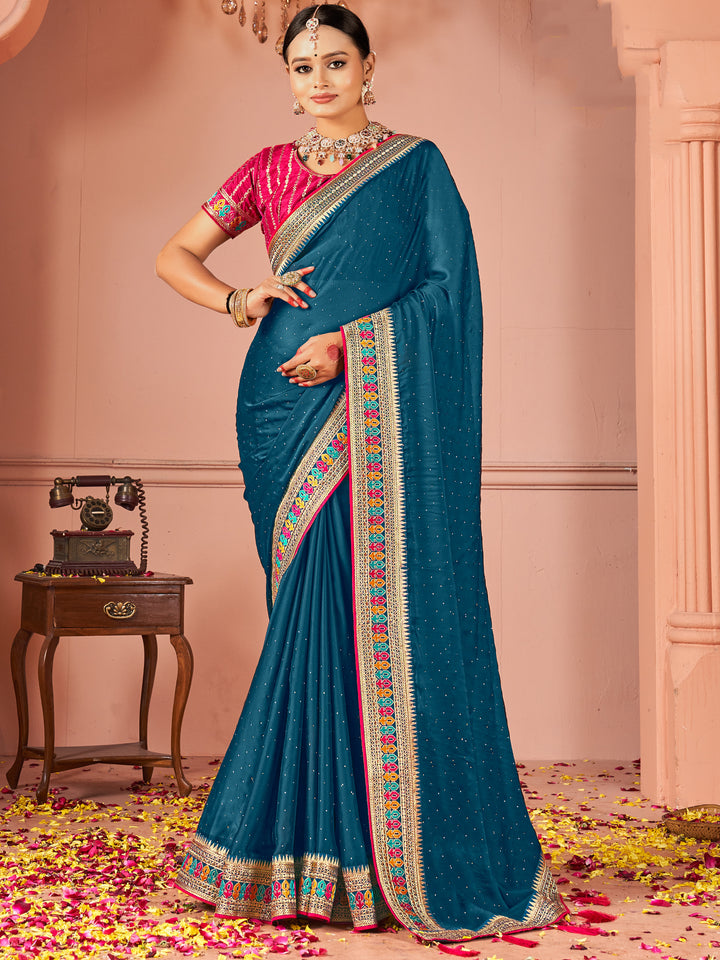Gorgeous Teal Blue Swarovski Work Silk Party Wear Saree