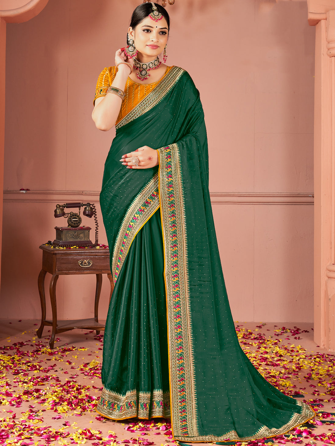Awesome Green Swarovski Work Silk Evening Wear Saree