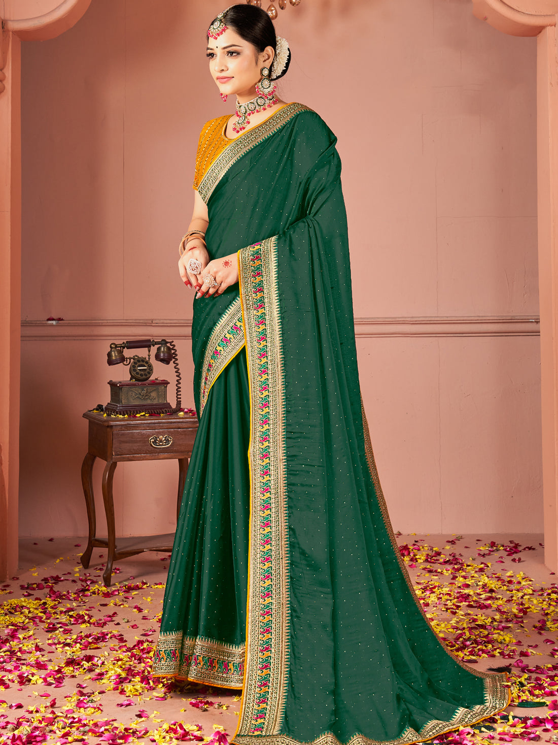 Awesome Green Swarovski Work Silk Evening Wear Saree