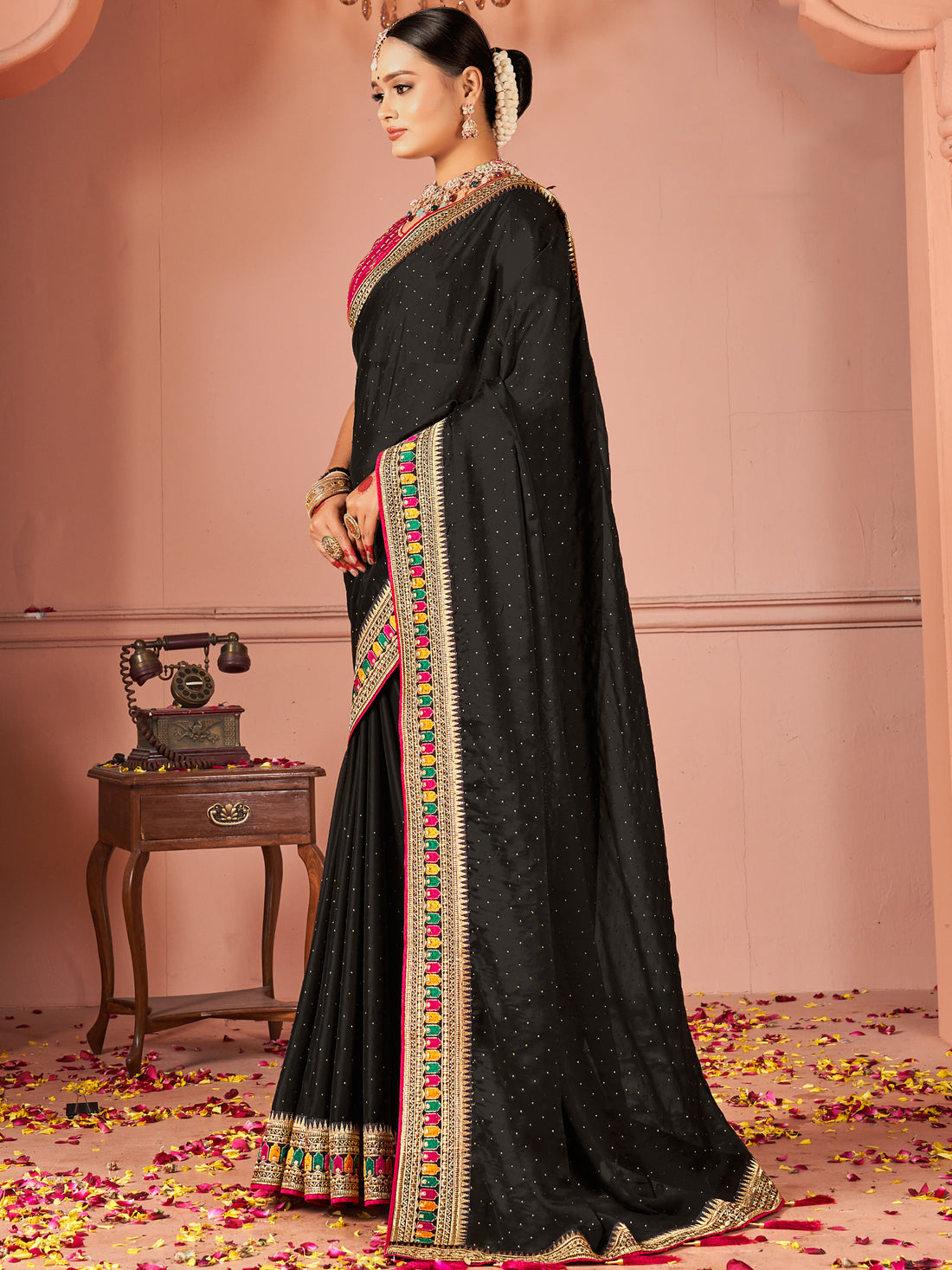 Marvelous Black Swarovski Work Silk Party Wear Saree