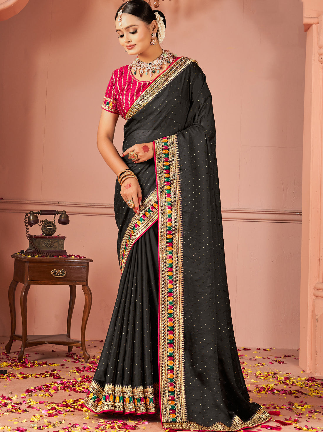 Marvelous Black Swarovski Work Silk Party Wear Saree
