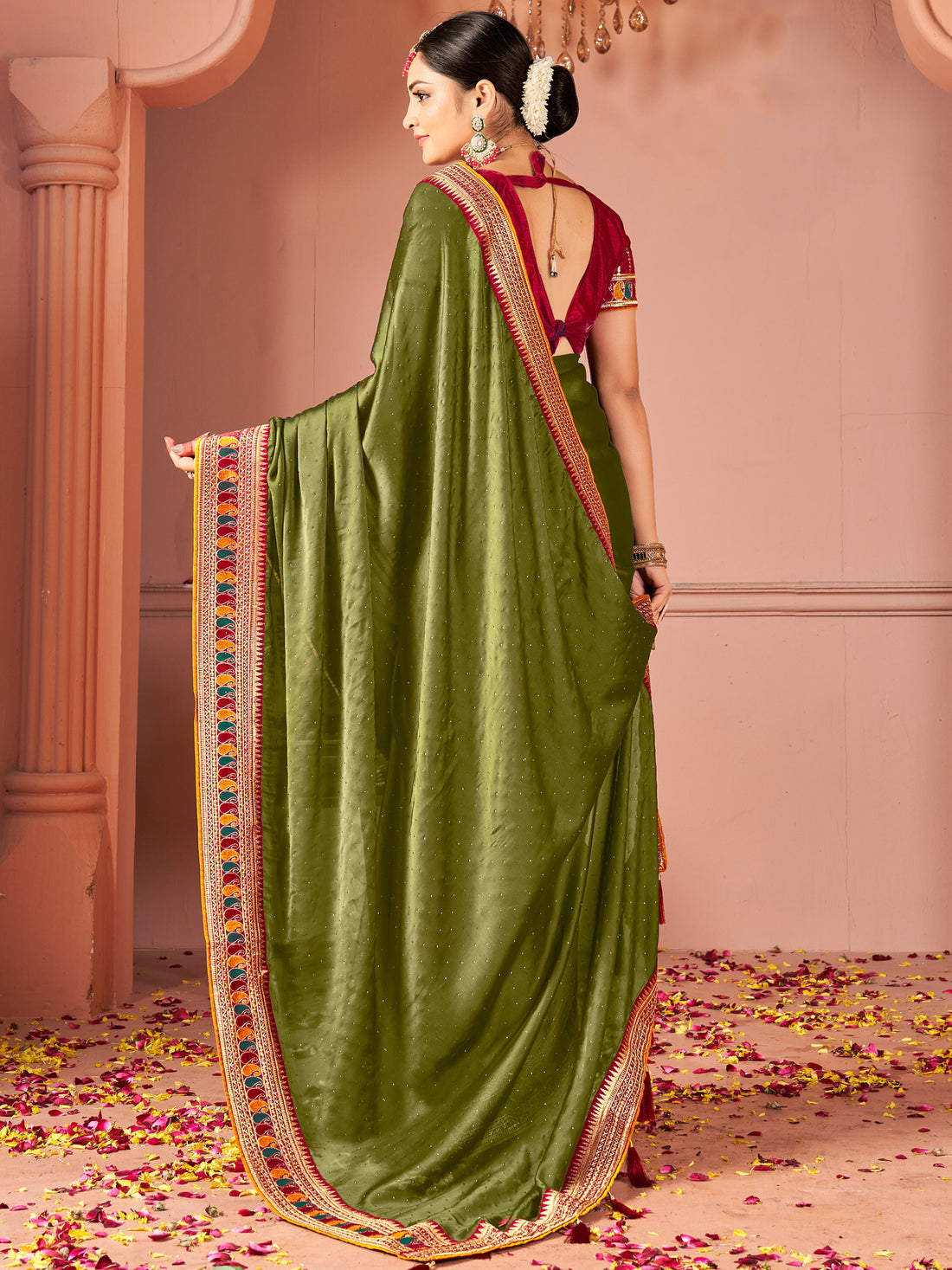 Dazzling Olive Green Swarovski Work Silk Festive Wear Saree With Blouse