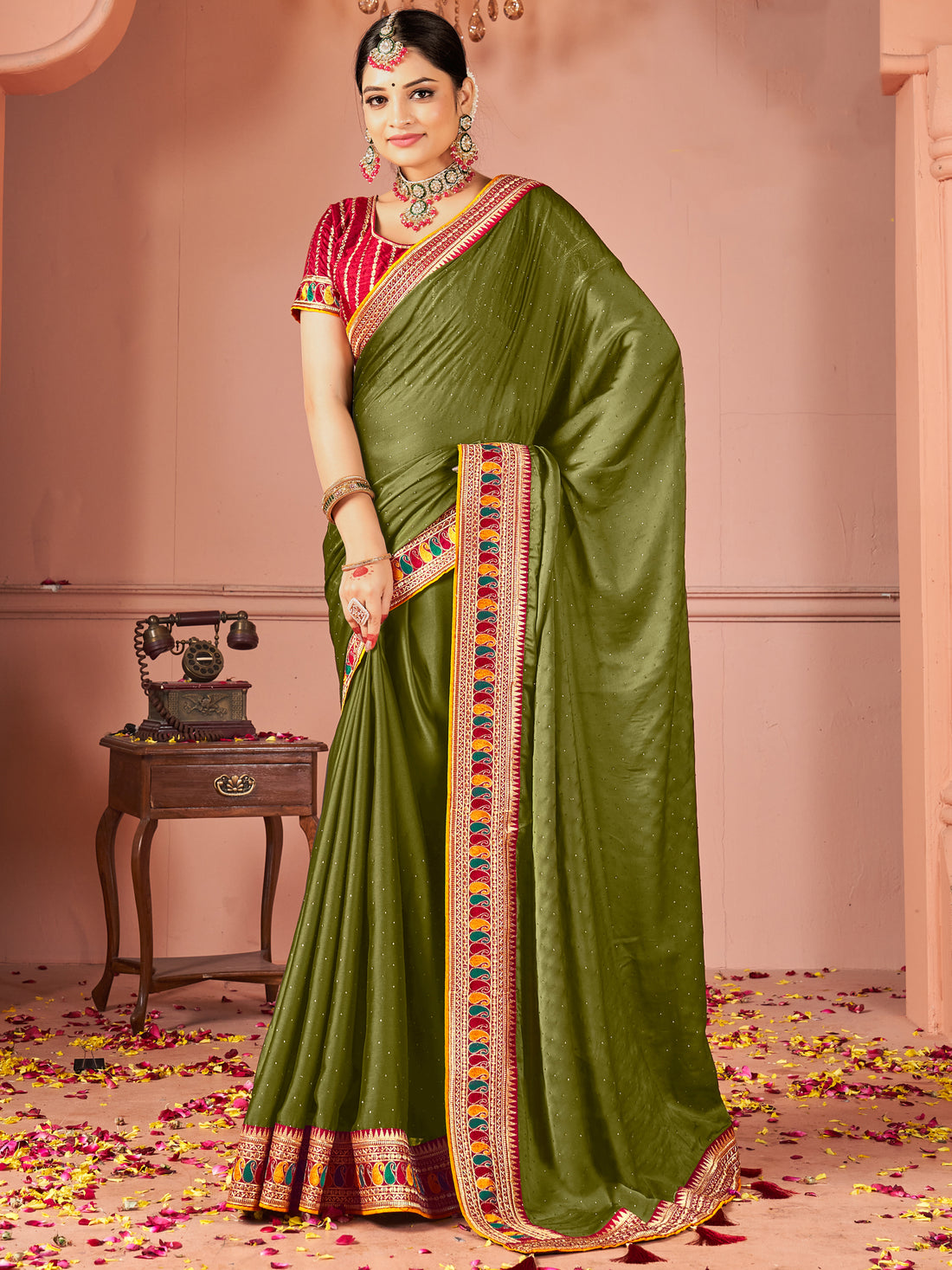 Dazzling Olive Green Swarovski Work Silk Festive Wear Saree With Blouse