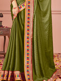 Dazzling Olive Green Swarovski Work Silk Festive Wear Saree With Blouse