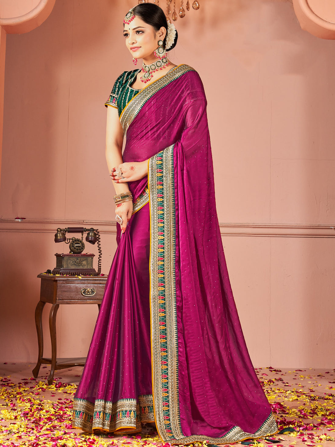 Spectacular Purple Swarovski Work Silk Party Wear Saree With Blouse