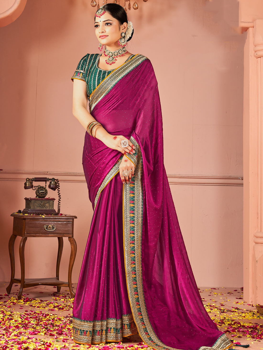 Spectacular Purple Swarovski Work Silk Party Wear Saree With Blouse