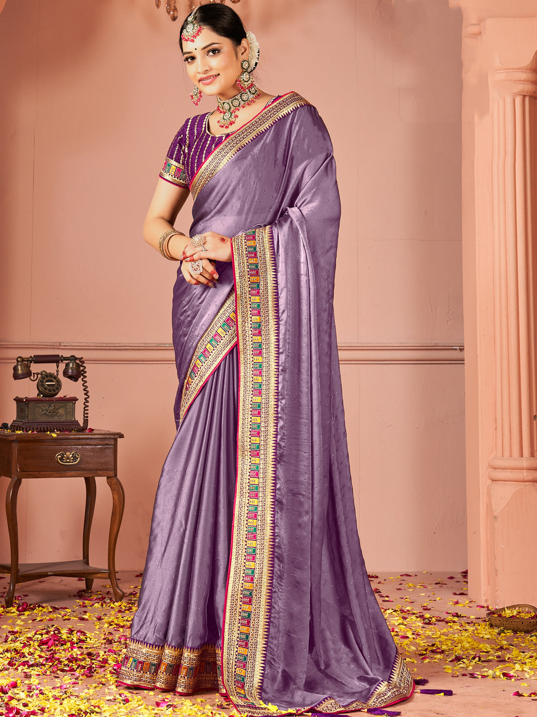 Glamorous Lavender Swarovski Work Silk Festive Wear Saree With Blouse