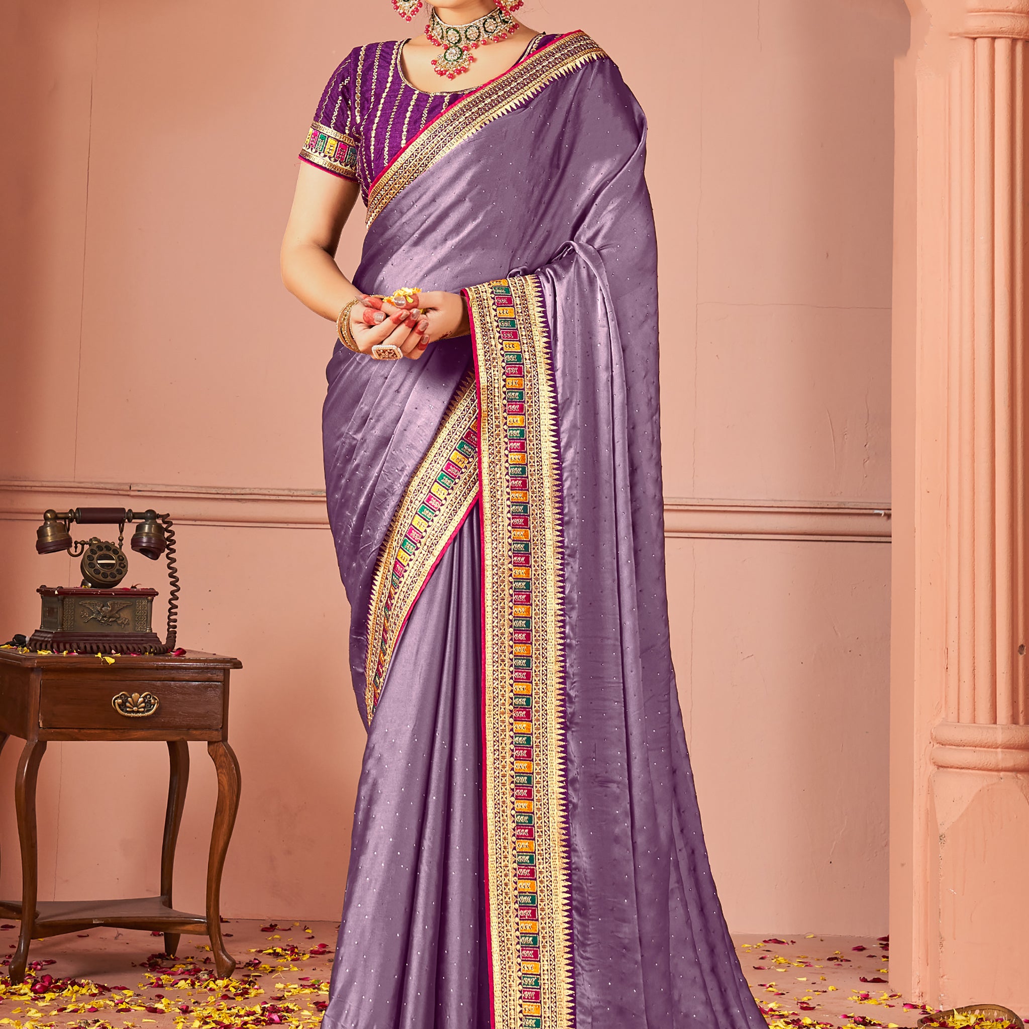 Glamorous Lavender Swarovski Work Silk Festive Wear Saree With Blouse