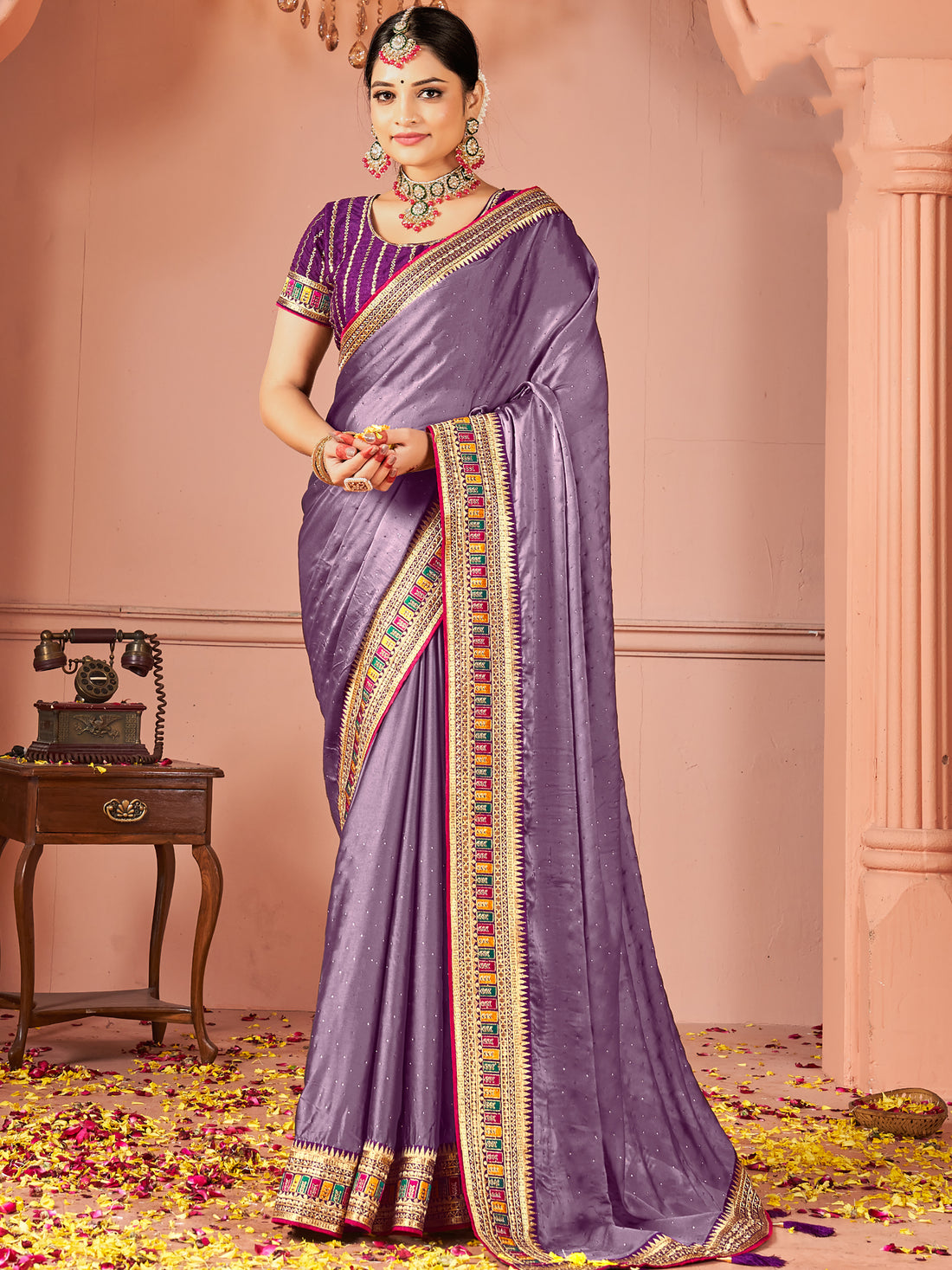 Glamorous Lavender Swarovski Work Silk Festive Wear Saree With Blouse