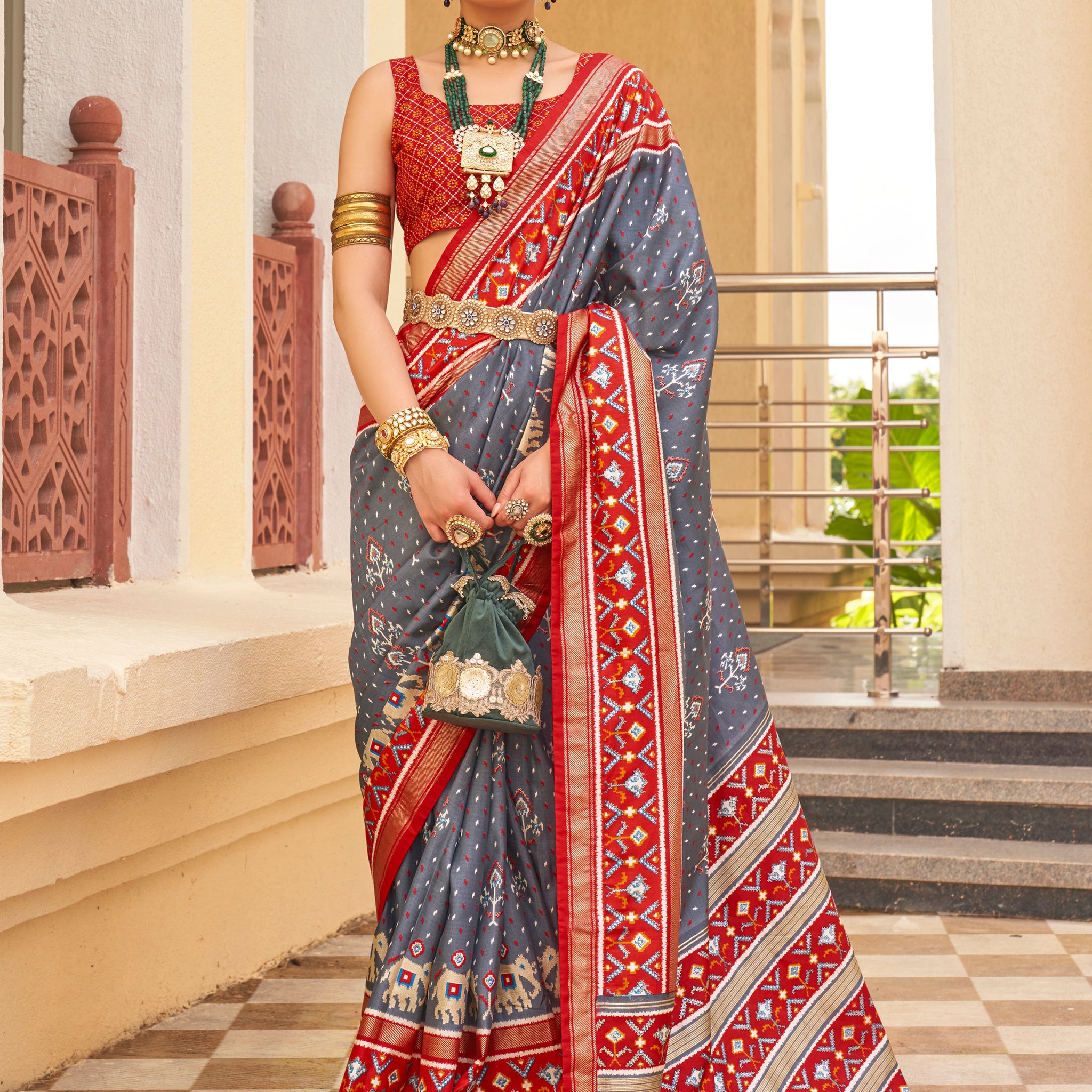 Awesome Grey Patola Print Silk Events Wear Saree With Blouse