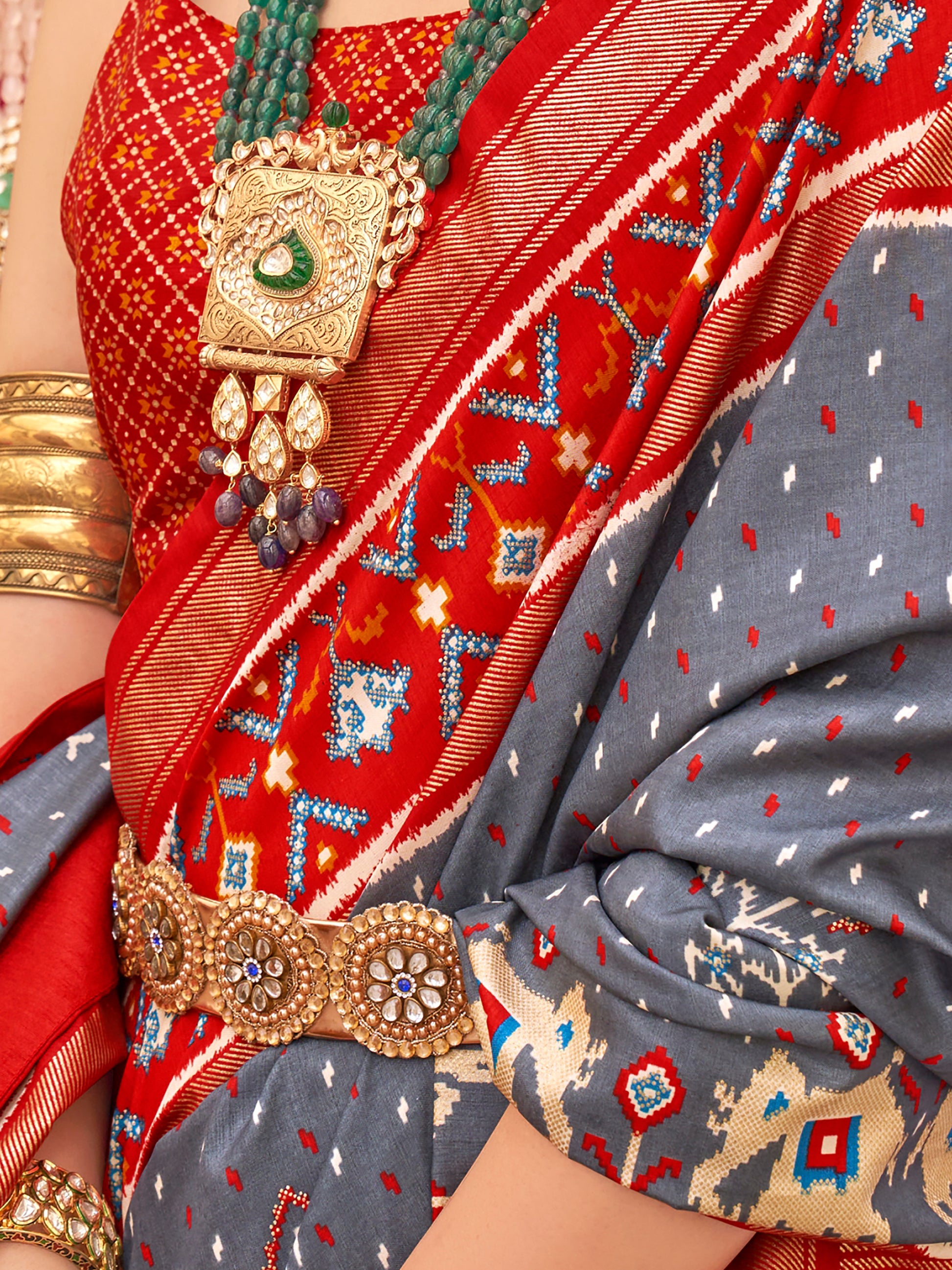 Awesome Grey Patola Print Silk Events Wear Saree With Blouse