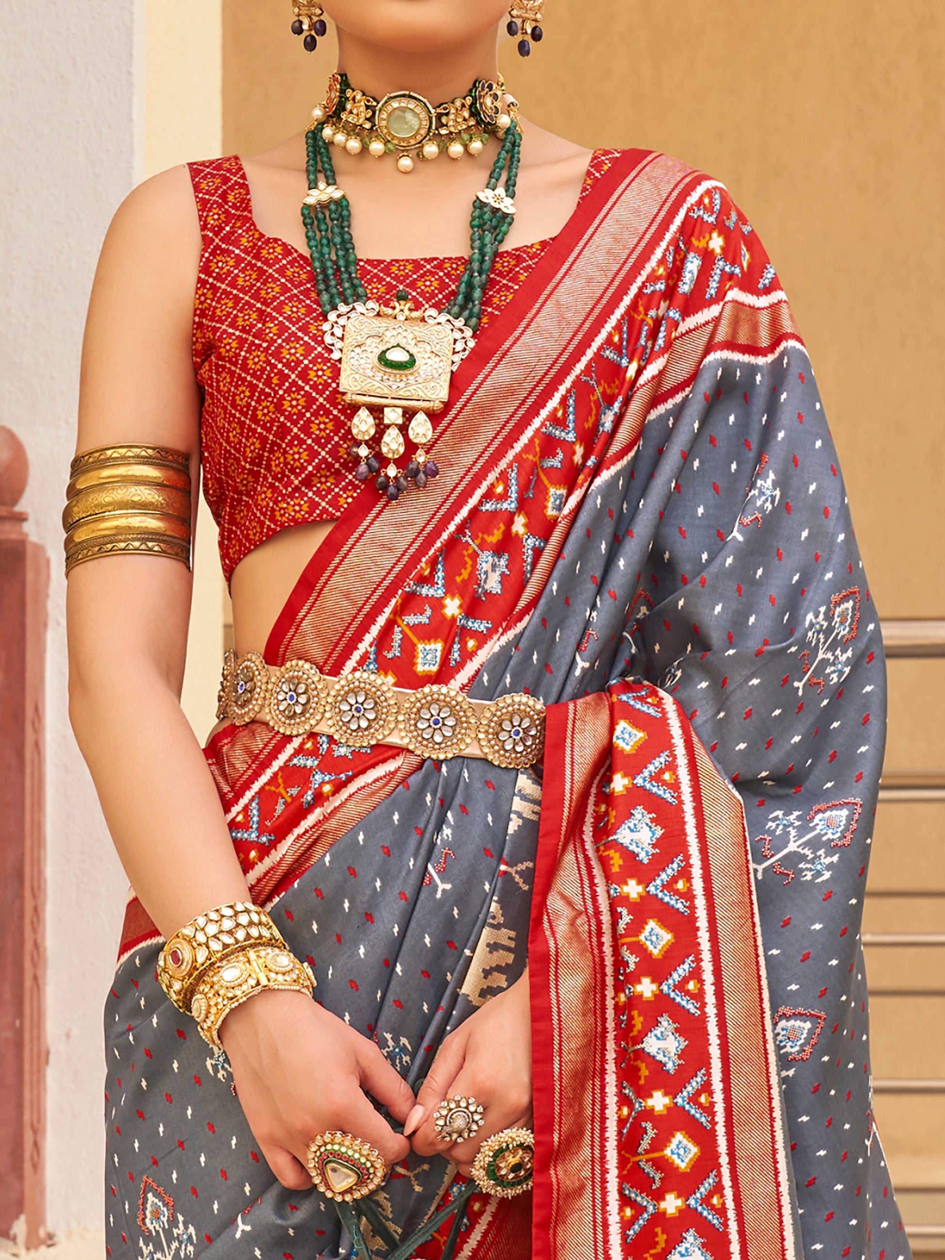Awesome Grey Patola Print Silk Events Wear Saree With Blouse